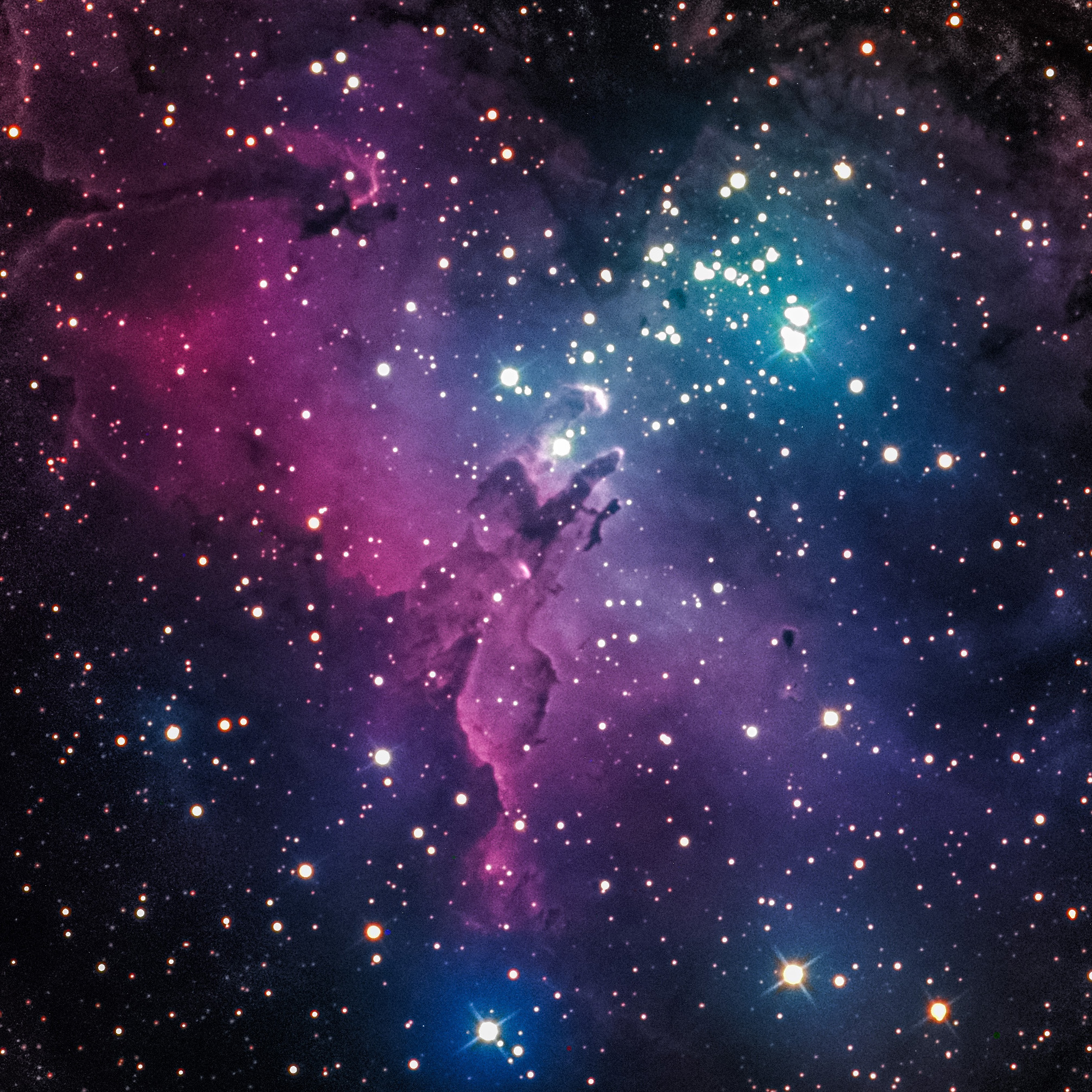 Photograph of pink and blue Eagle Nebula M16 from https://commons.wikimedia.org/wiki/File:Eagle_Nebula_M16_LRGB_Composite.jpg